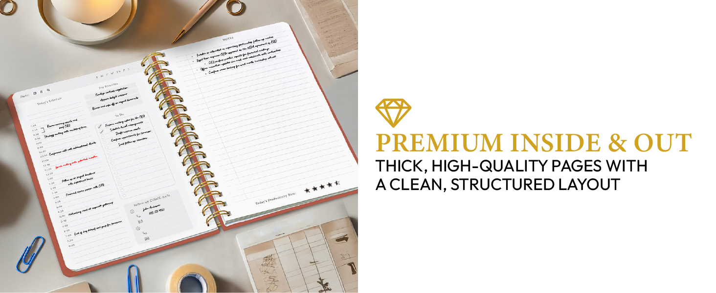 Enjoy a clean layout with hourly scheduling, to-do lists, and space for notes