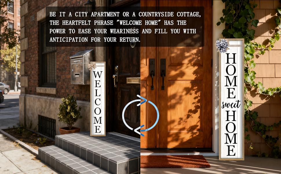 Two vertical wooden signs: &#34;WELCOME&#34; and &#34;HOME sweet HOME&#34; by doors with brick and wooden exteriors.