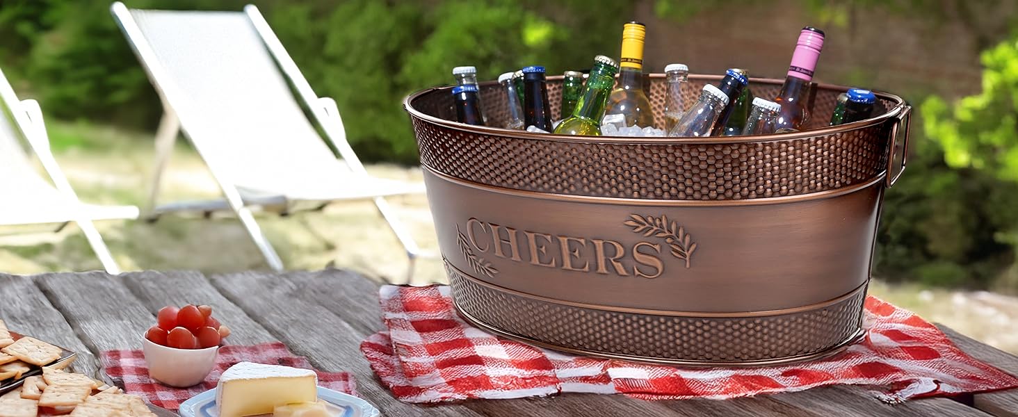 Beverage tub for parties with embossed "Cheers" on the front and back.