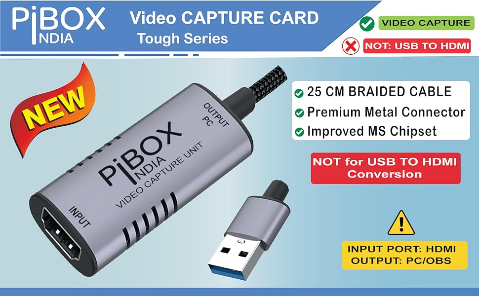 Video Capture Card, PiBOX India Braided Tough, 4K HDMI to USB 3.0 Game