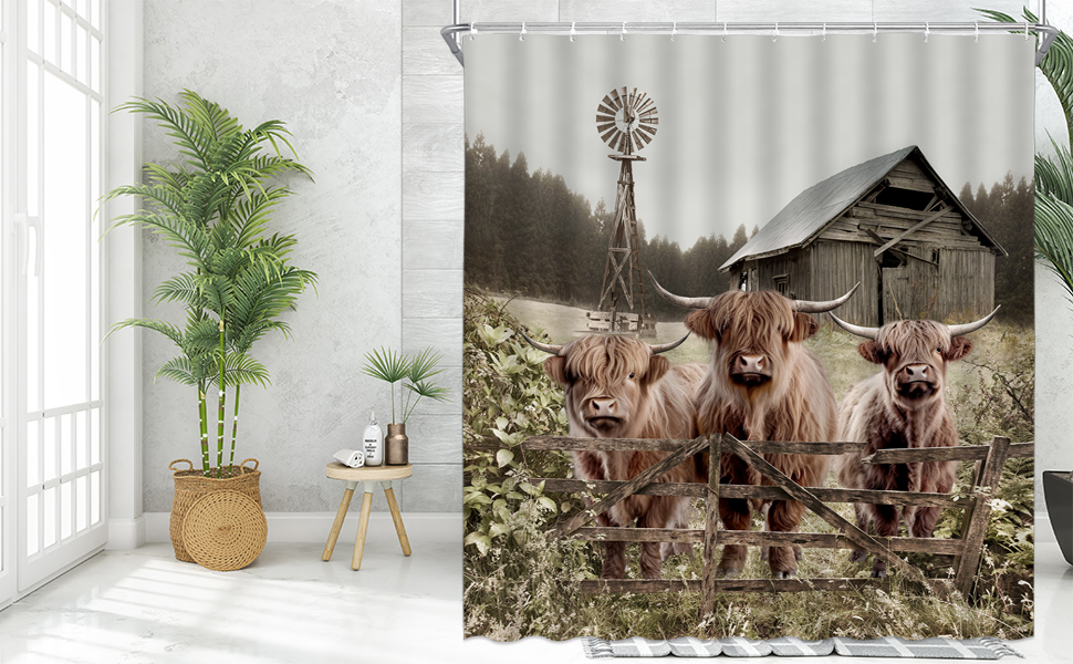 NYJSMYG Highland Cow Shower Curtains Three Brown Cattle Rustic Farmhouse Animal Farm