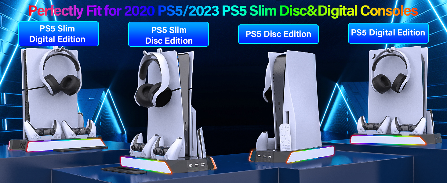 ps5 cooling station with controller charging station and led lights