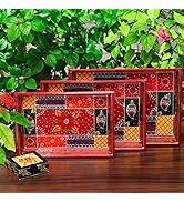 Conjunto de bandejas de madeira Swadeshi Blessings - feito à mão e pintado à mão para cozinha/mesa e casa D...