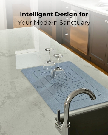 Modern kitchen scene with a diatomite stone drying mat for dishes and glassware.