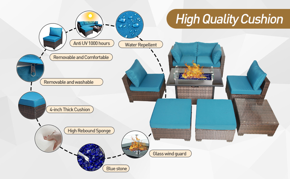 VRSHWO 8 Pieces Outdoor Patio Furniture Set with Fire Pit