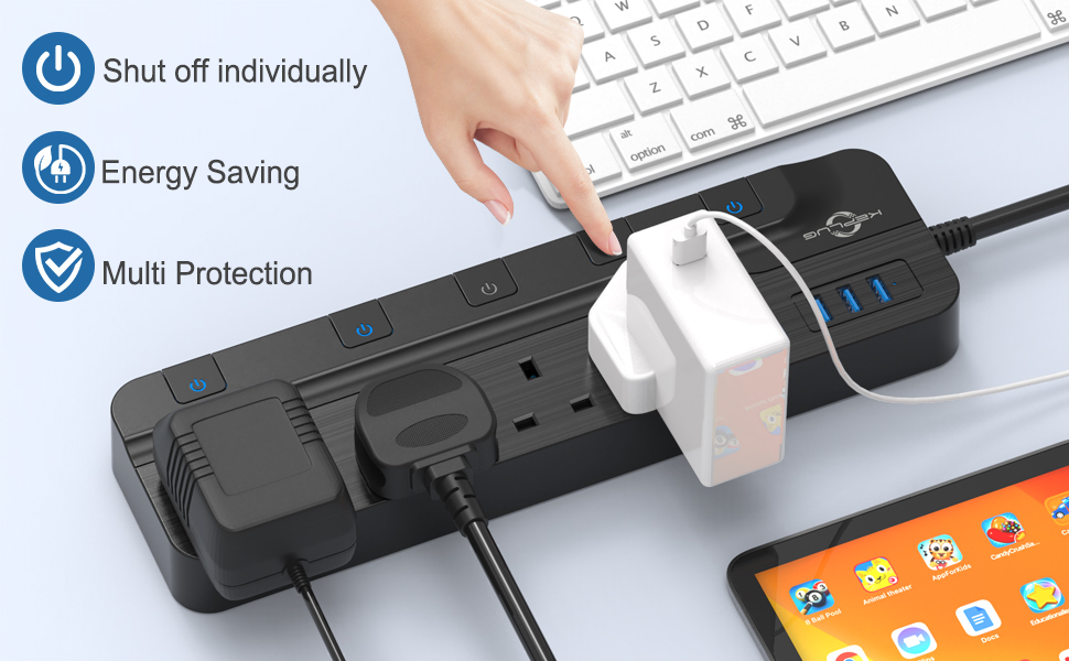Extension Lead with Individual Switches, 4 Way Extension Lead with USB Slots, 2M Extension Cable