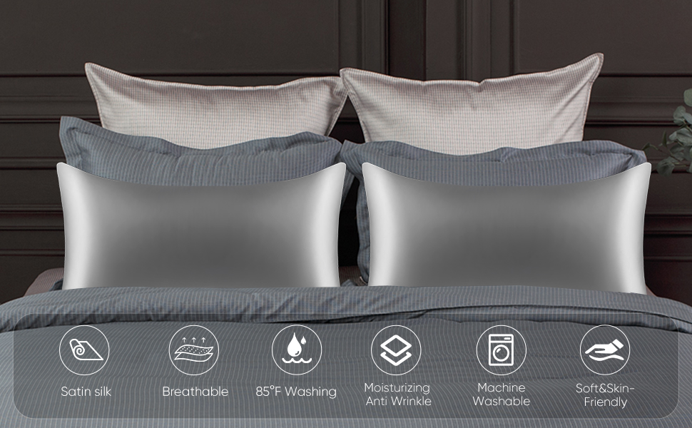 2 Packs Queen Size Curved Pillowcases, Silk Satin Side