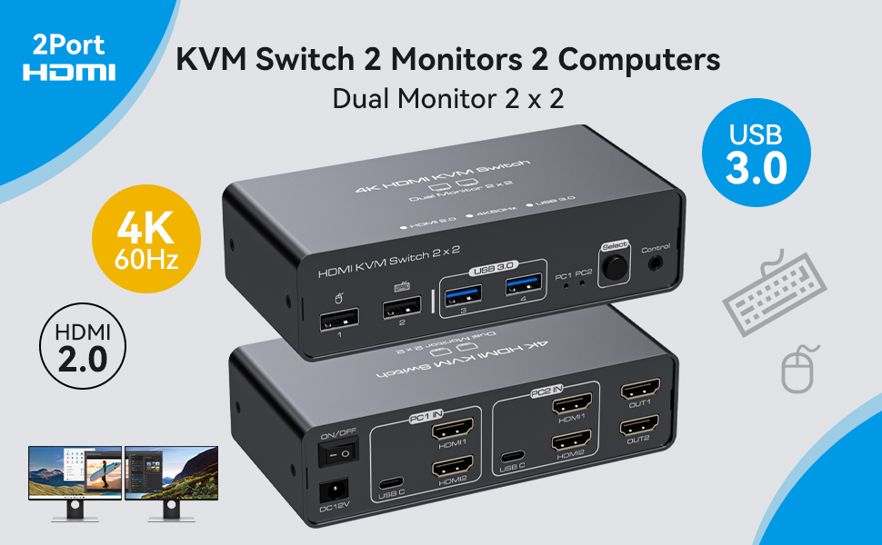 PVBCTCSID KVM Switch 2 Monitors 2 Computers 4K60hz