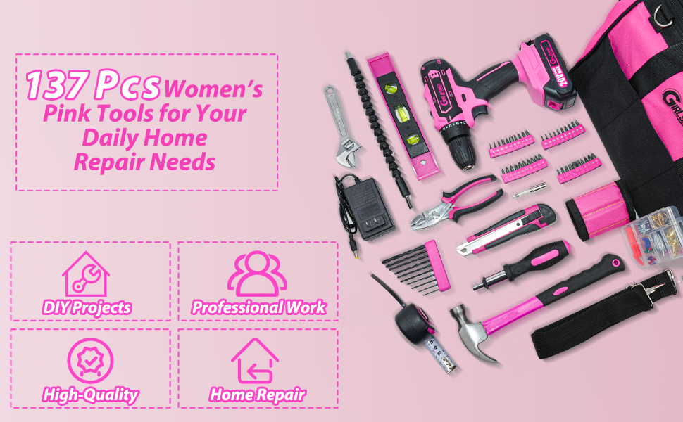 GirlsPower 137PCS Pink Household Tool Kit with Cordless