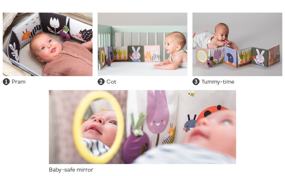 Taf Toys Urban Garden Soft Cloth Newborn Book, Crinkle Baby Book. High Contrast Sensory Toys. Early Education Activity Toy. Infant Tummy Time Toys. Multi-Sensory Textures and a Baby-Safe Mirror 14 taf toys urban garden pram book 3