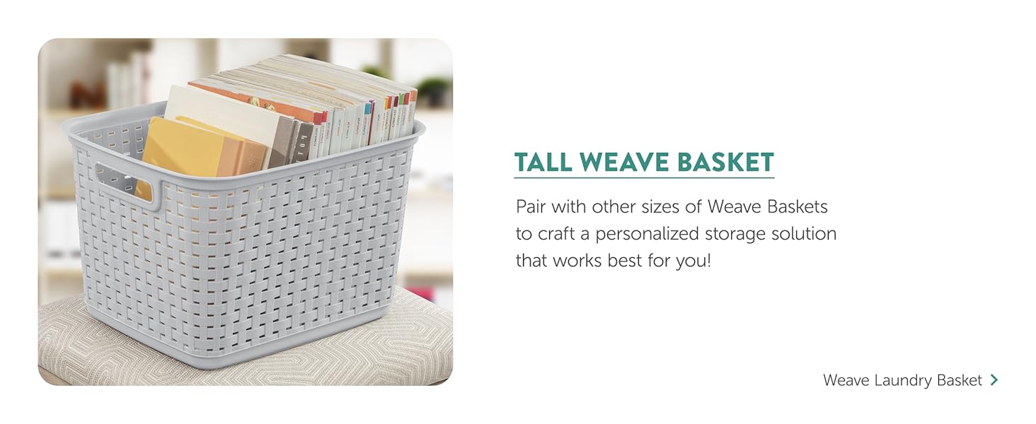 Storage basket with neatly arranged books inside labeled as &#39;Tall Weave Basket&#39;.