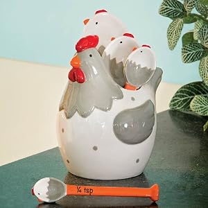 Ceramic Chicken Measuring Spoons - Whimsical, and Practical Chicken Figurine with 4 Measuring Spoons