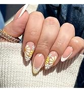 French Tip Press on Nails Almond Medium Fake Nails with Designs Yellow Daisy Glue on Nails Summer...