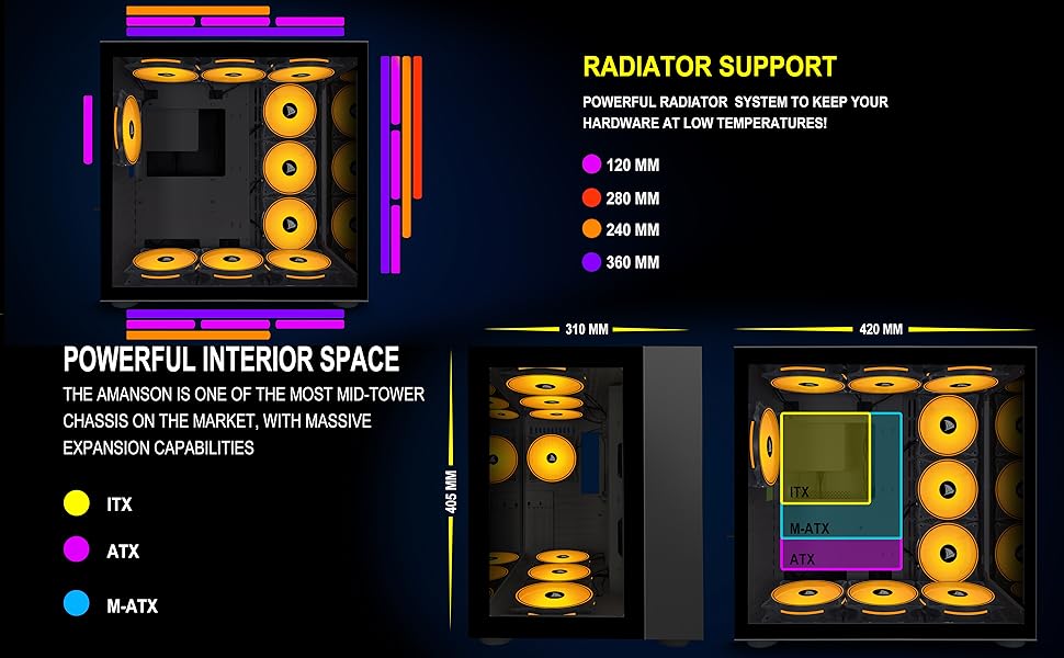 AMANSON PC Case ATX Mid Tower Tempered Glass Computer Case without