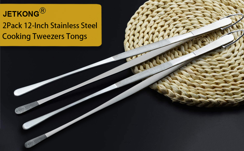 JETKONG 2 Pieces Long Food Tweezers Kitchen Tweezer Tong Chopsticks Tongs Stainless