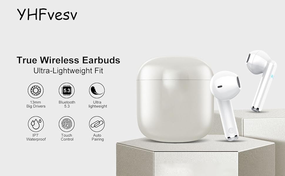 Text reads 'True Wireless Earbuds' and 'Ultra-Lightweight Fit'. White wireless earbuds with charging case shown from multiple angles, with feature icons displayed.