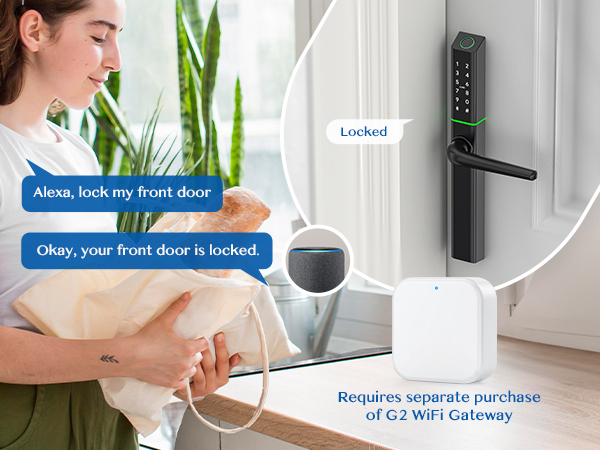 Smart lock on a door with mobile app interface. Shows voice command to lock door and confirmation message.
