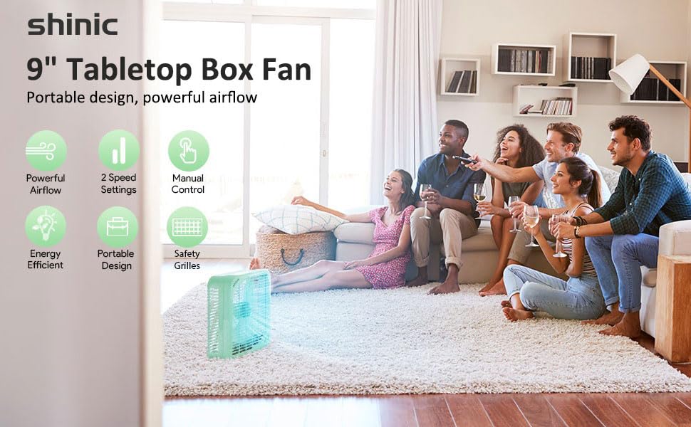 9 Inch Box Fan, 2 Speeds Table Cooling Fan with Strong