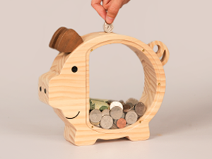 Secure wooden piggy bank with a lock, keeping savings safe and sound