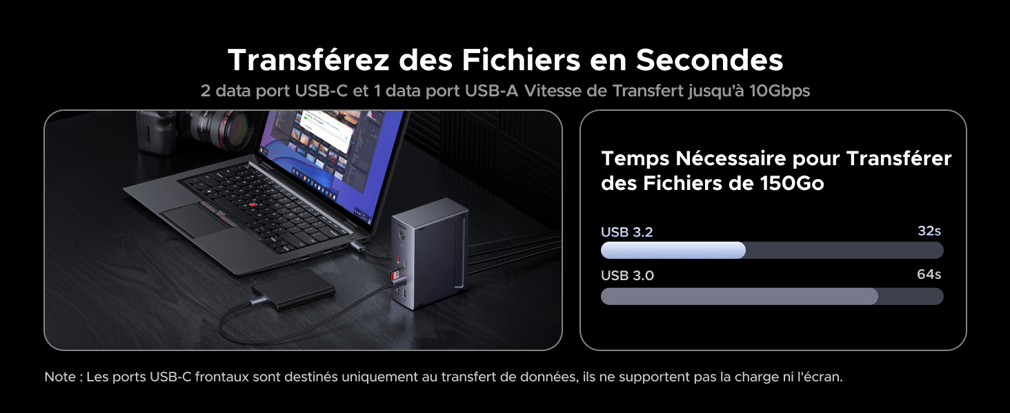 Le texte se lit comme suit : « Transferez des fichiers en secondes ». Interface informatique affichant la barre de progression du transfert de fichiers sur fond sombre.