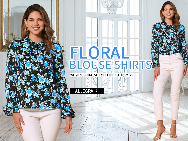 Allegra K Women's Long Sleeve Blouse Tops 2025 Fall Floral