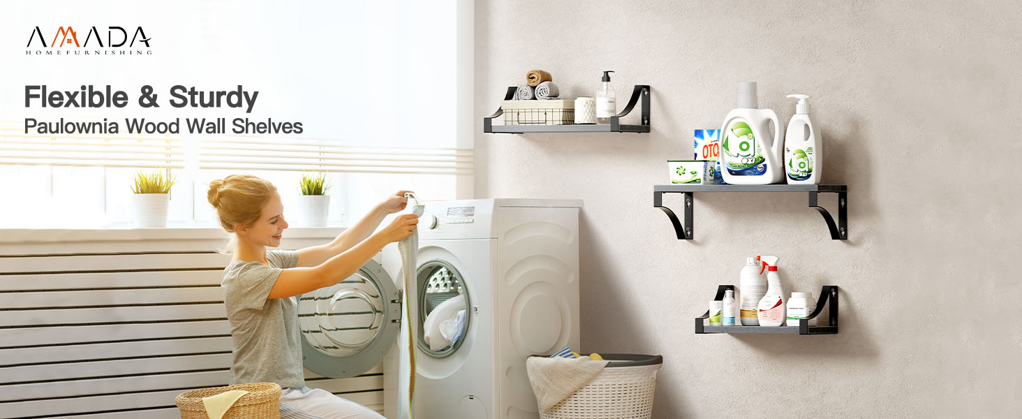 Amada Floating Shelves Wall Mounted, Rustic Paulownia Wood Wall Shelves