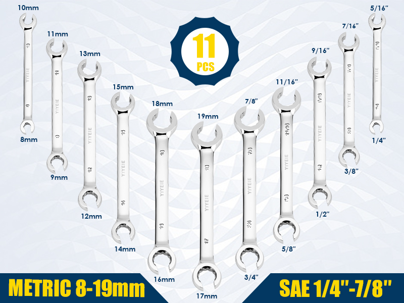 YIYEIE 11-Piece Flare Nut Wrench Set, Metric & SAE, 12-Point