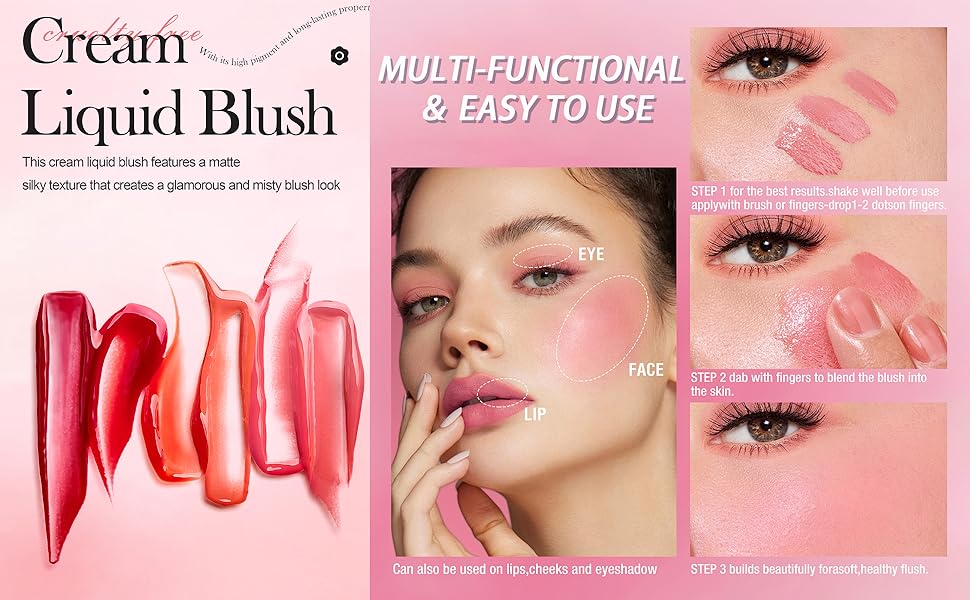 Cream liquid blush product advertisement showing swatches, application on face, and close-ups of eyes. Multi-functional and easy to use, with various shades displayed.