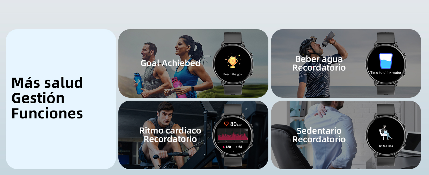 Interfaz de reloj inteligente que muestra funciones de salud y estado físico en español. Muestra recordatorios de frecuencia cardíaca, recuento de pasos e hidratación en