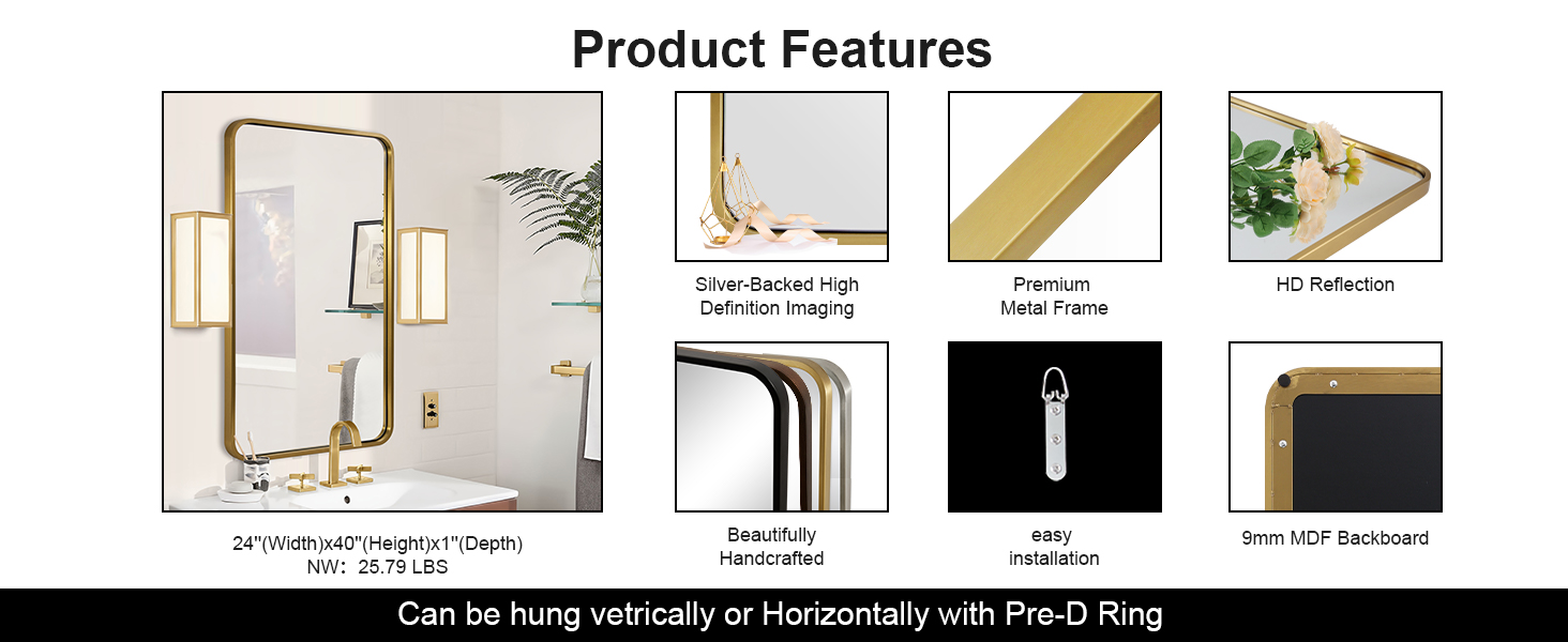 ANDY STAR 24x40 Inch Gold Bathroom Mirror, Rounded