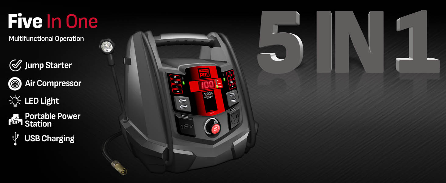 Schumacher Pro SPR1631 5-in-1 Portable Power Station and 1200 Peak Amp 12-Volt Jump Starter