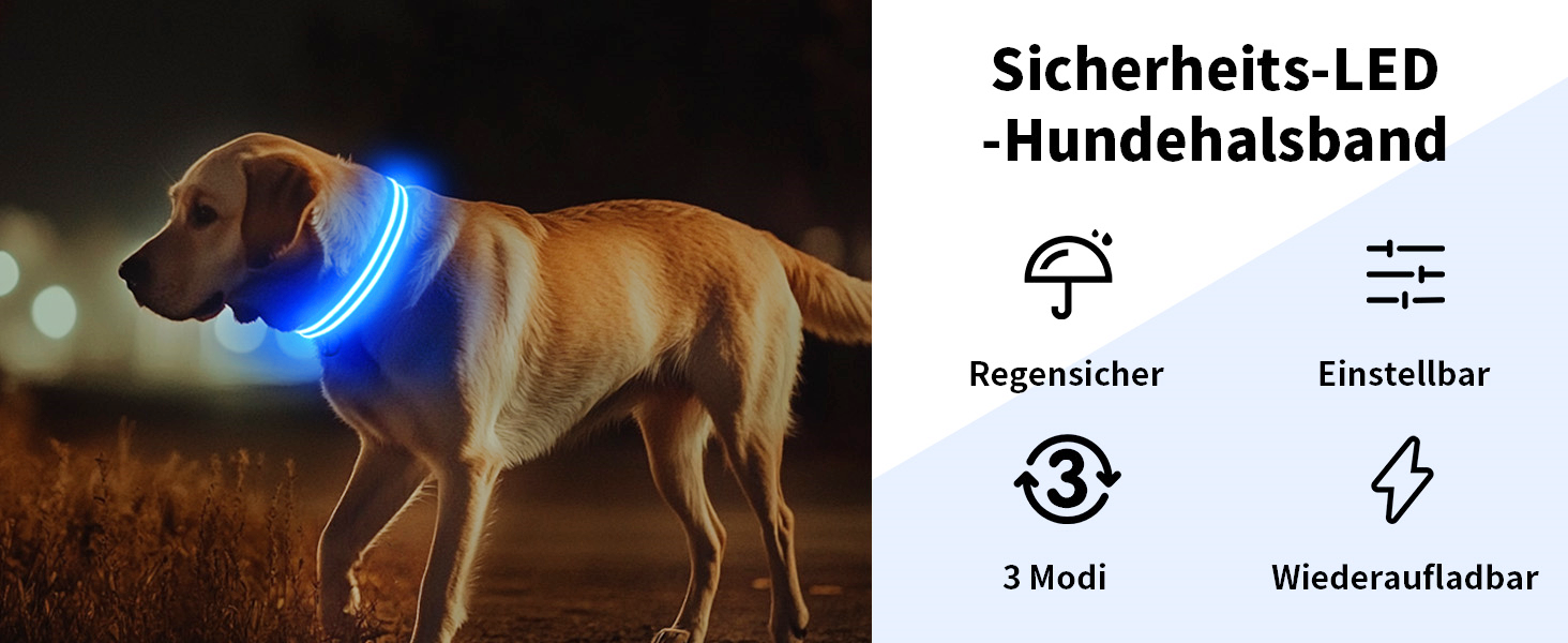 LED-HUNDEHALSBAND, Leuchtend Blau A Einem Hund, Mit Deutschem Text, der Auf Wasserdichter und Wiedenerafladbare Funktionen Hinweist