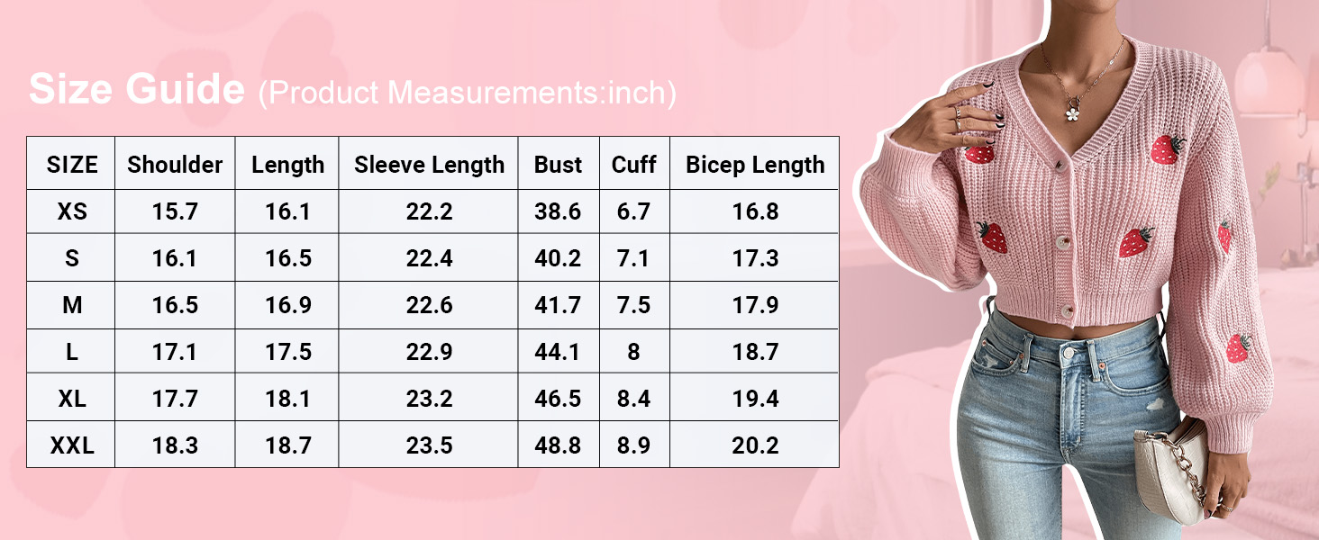  Women's Strawberry Embroidery Crop Cardigan Drop Shoulder Button Up Sweater Tops V Neck Outerwear