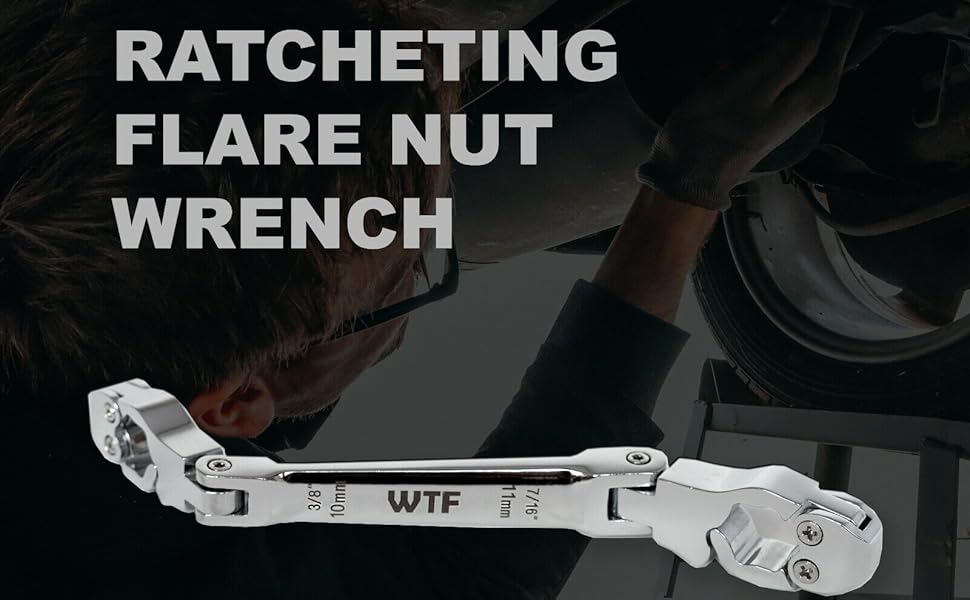 WTF Ratcheting Brake Line Wrench, SAE and Metric, 10MM, 11MM, 3/8", 7/
