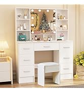 White Vanity Desk with Mirror and Lights, Makeup Vanity Table Set with Chair and Drawers, Large V...