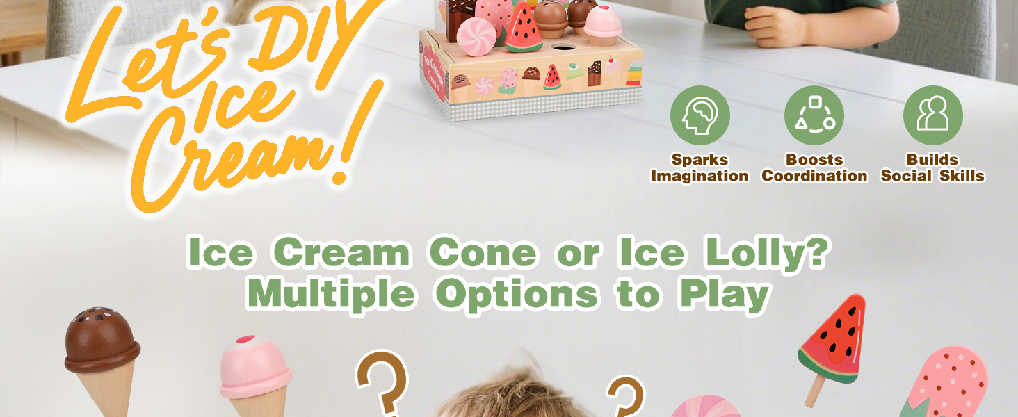 Text reads 'Let's DIY Cream!' Ice cream game interface showing multiple play options with colorful ice cream icons and navigation elements.