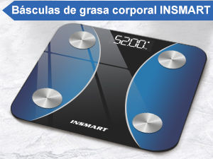 en negro y azul con sensores circulares metálicos y una superficie de cristal con la marca «INSMART».