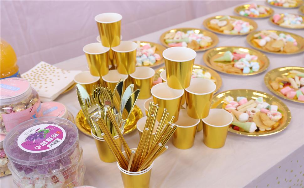 200Pcs Solid Gold Party Supplies Gold Paper Plates & Napkins Cups Silverware