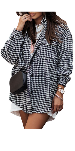 Omoone Women's Long Sleeve Button Down Shirt Shacket Houndstooth Plaid Jacket Shirts 