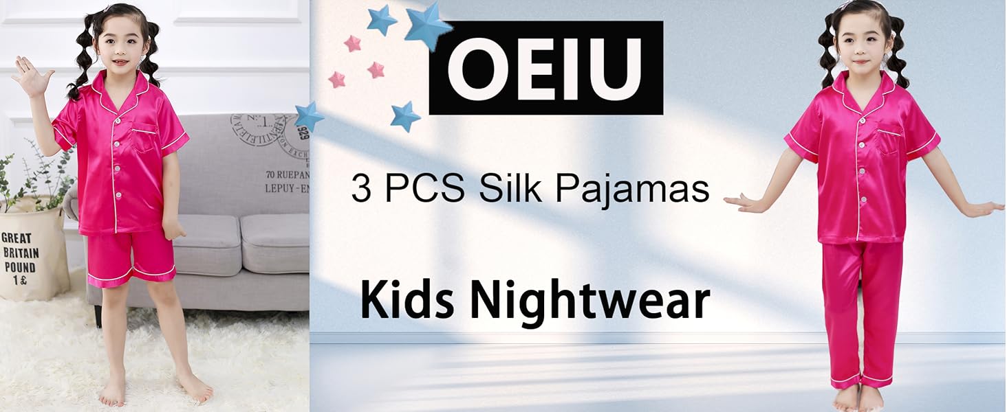 OEIU Girls Boys Silky Satin Pajamas Set 3 Pcs for Kid