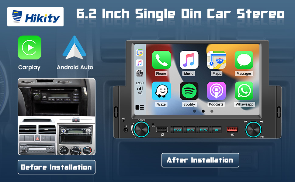 Hikity Radio Bluetooth Coche 1 DIN Pantalla con Apple Carplay y Android