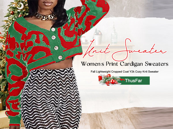 ThusFar Women Fashion V Neck Colorful Print Knit Open Front