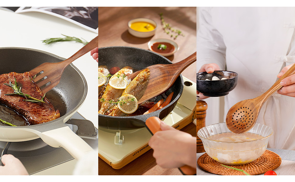 9 piece wooden kitchen cooking utensil set serving stirring