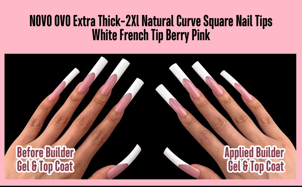 NOVO OVO Extra thick-2XL Natural curve square nail tips white french tip berry pink