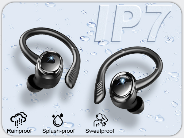 Black wireless earbuds with ear hooks on water-droplet background, featuring icons indicating rainproof, splash-proof, and sweatproof capabilities.