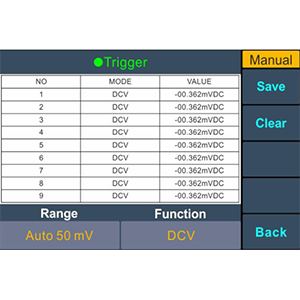 Digital interface showing a table with 9 rows of DCV mode settings, each set to -50.362mVDC. Controls include Trigger, Manual, Save, Clear, Range, and Function options.