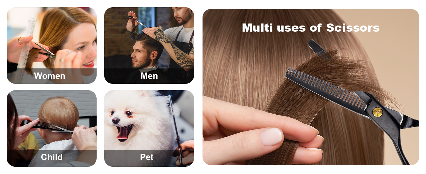 Collage montrant des ciseaux utilisés pour couper les cheveux sur divers sujets : femmes, hommes, enfants et animaux domestiques. Gros plan de ciseaux coupant des mèches de cheveux, démontrant la polyvalence des applications de toilettage