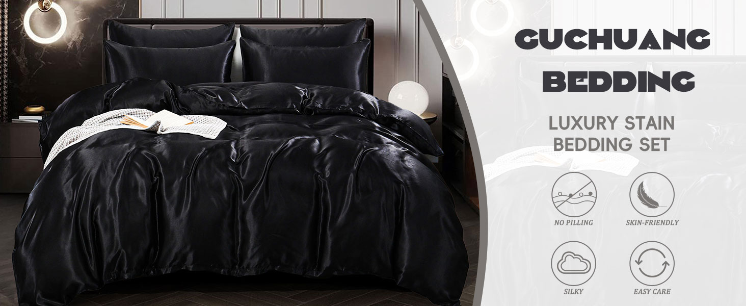 Black Satin Silk 6 PCS Duvet Cover