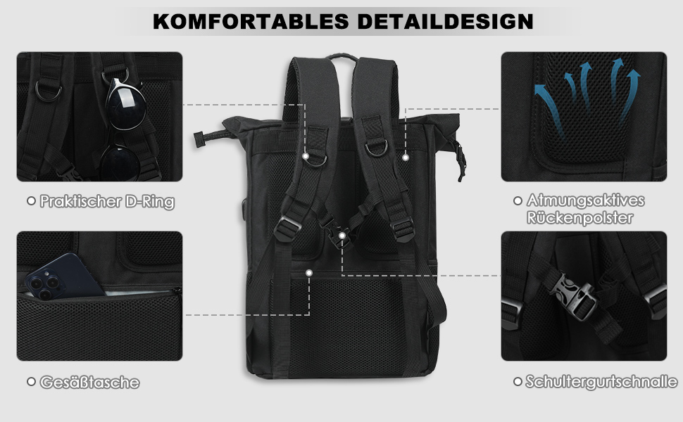 Schéma technique montrant les caractéristiques d'un sac à dos noir, y compris les détails des bretelles, les compartiments et les caractéristiques de confort avec des inscriptions étiquetées.