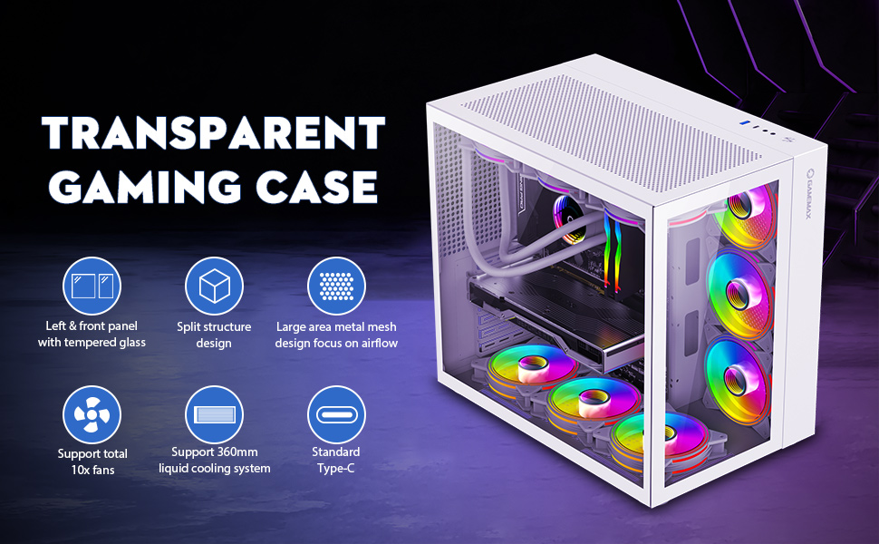 SZD S580 ATX MidTower PC Case, Desktop Gaming Computer Chasssis, Front